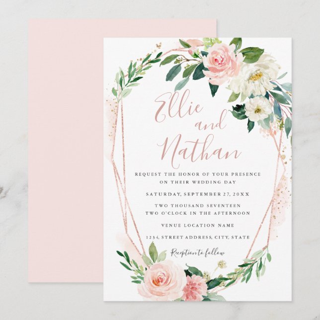 Elegant Modern Rose Gold Floral Wreath Wedding Invitation (Front/Back)