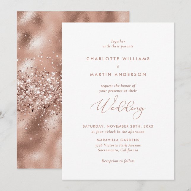 Elegant Modern Rose Gold Foil Glitter Wedding Invitation (Front/Back)