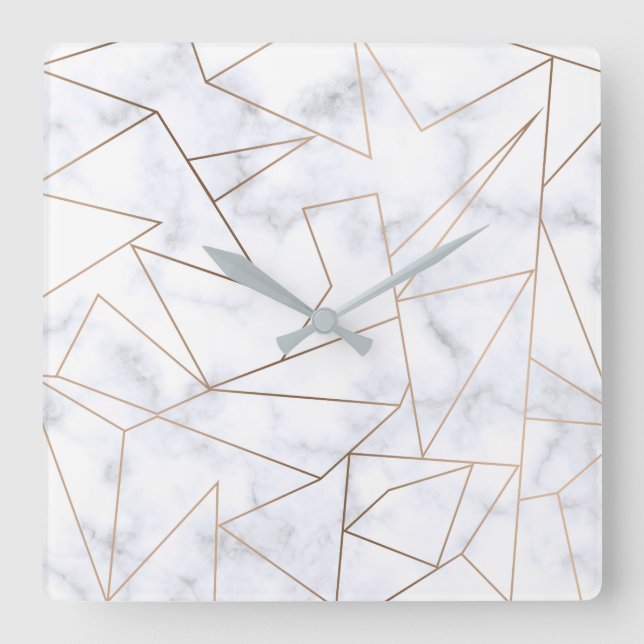 elegant modern rose gold geometric white marble square wall clock (Front)