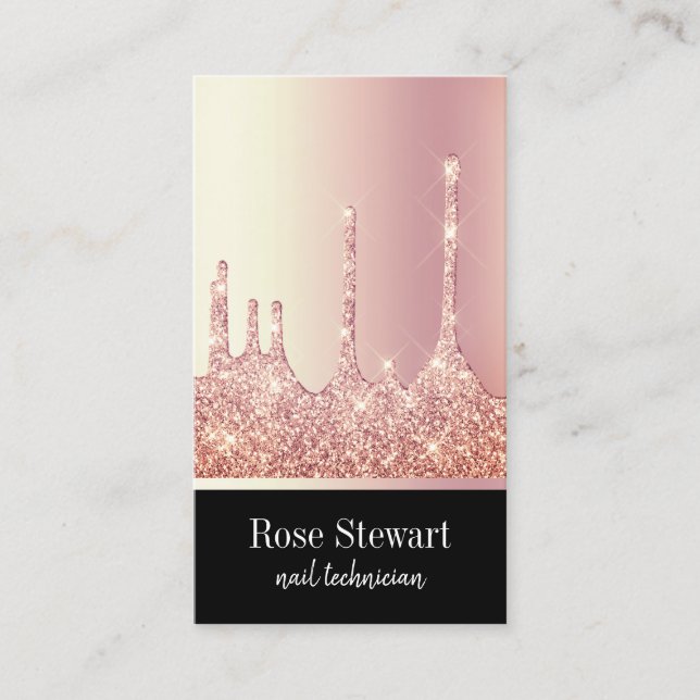 Elegant modern rose gold glitter drips nails business card (Front)