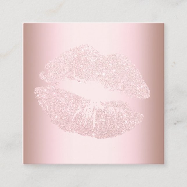 Elegant modern rose gold glitter lips makeup square business card (Front)