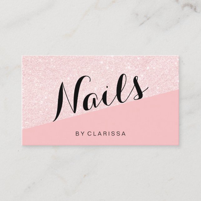 Elegant modern rose gold glitter pink nails business card (Front)