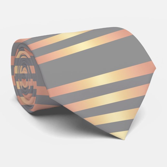 Elegant Modern Rose Gold Gradient Stripes Grey Neck Tie (Rolled)
