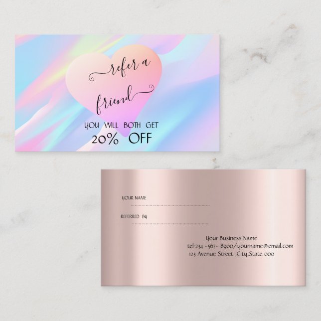 Elegant Modern Rose Gold Heart Holographic Referral Card (Front/Back)