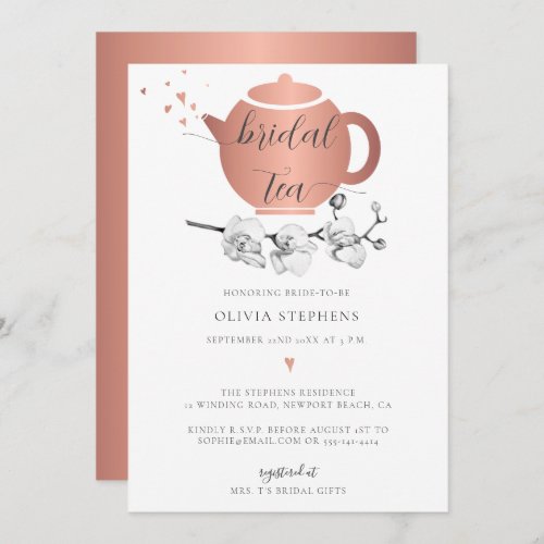 Elegant Modern Rose Gold Heart Orchid Bridal Tea Invitation