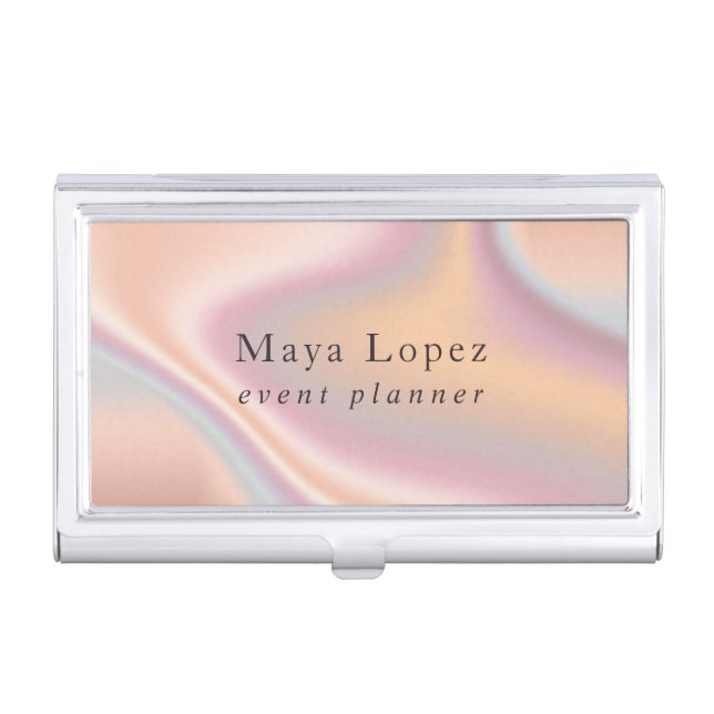 Elegant modern rose gold holographic event planner business card case (Front)
