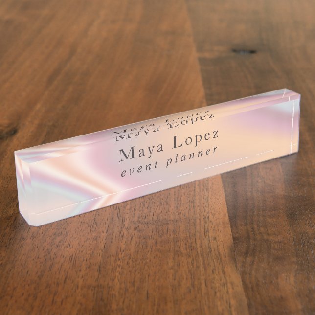 Elegant modern rose gold holographic event planner desk name plate (Side)