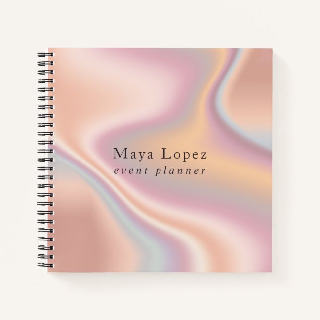 Elegant modern rose gold holographic event planner notebook (Front)