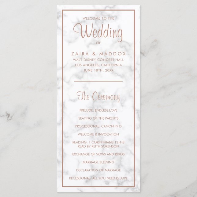 Elegant Modern Rose Gold Marble Wedding Program (Front)