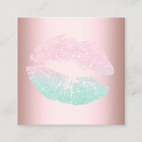 Elegant modern rose gold mint glitter lips makeup square business card