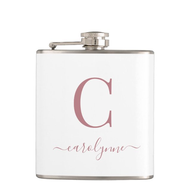 Elegant Modern Rose Gold Monogram Script Flask (Front)
