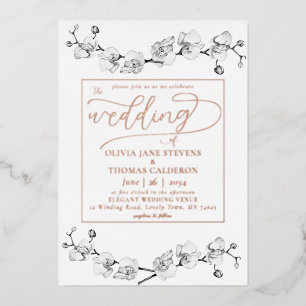 Elegant Modern Rose Gold Orchids Romantic Wedding Foil Invitation