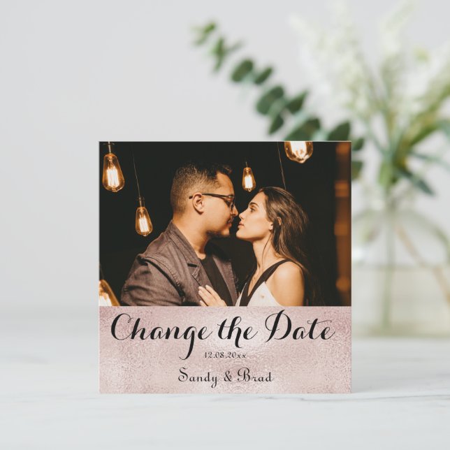 Elegant Modern rose Gold Photo Change Date Wedding Card (Standing Front)