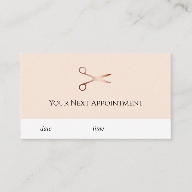 Elegant modern rose gold scissors hairstylist appointment card (Front)