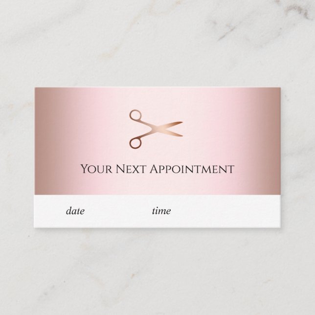 Elegant modern rose gold scissors hairstylist appointment card (Front)