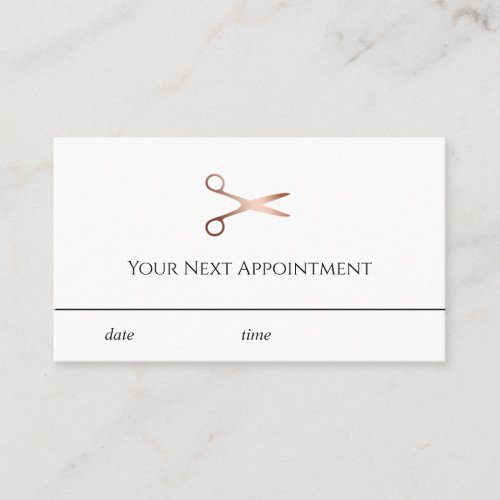 Elegant modern rose gold scissors hairstylist appointment card