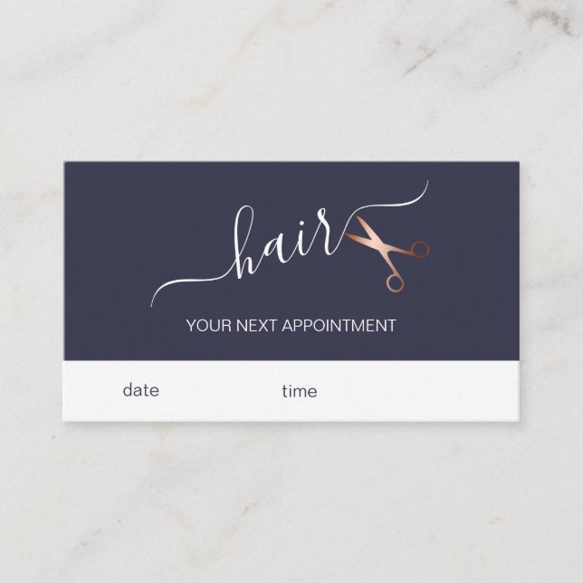 Elegant modern rose gold scissors hairstylist appointment card (Front)