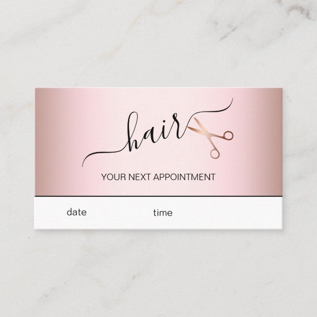 Elegant modern rose gold scissors hairstylist appointment card (Front)