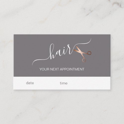 Elegant modern rose gold scissors hairstylist appointment card