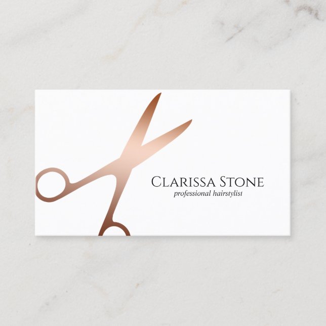 Elegant & modern rose gold scissors hairstylist business card (Front)