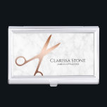 Elegant modern rose gold scissors hairstylist business card case<br><div class="desc">Modern and elegant design for hairstylists with faux rose gold scissors,  white marble and elegant calligraphy font.</div>