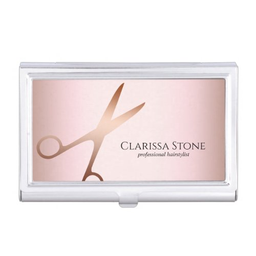 Elegant modern rose gold scissors hairstylist business card case