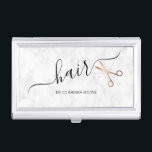Elegant modern rose gold scissors hairstylist business card case<br><div class="desc">Modern and elegant design for hairstylists with faux rose gold scissors,  white marble and elegant calligraphy font.</div>
