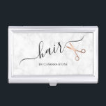 Elegant modern rose gold scissors hairstylist business card case<br><div class="desc">Modern and elegant design for hairstylists with faux rose gold scissors,  white marble and elegant calligraphy font.</div>