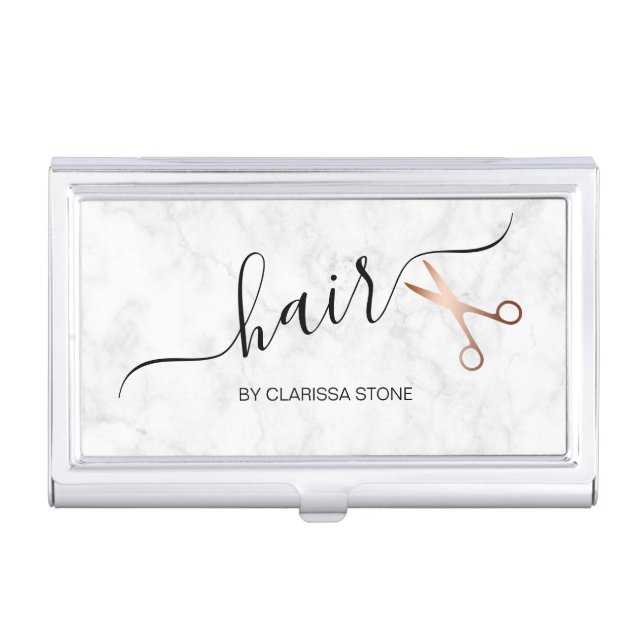 Elegant modern rose gold scissors hairstylist business card case (Front)