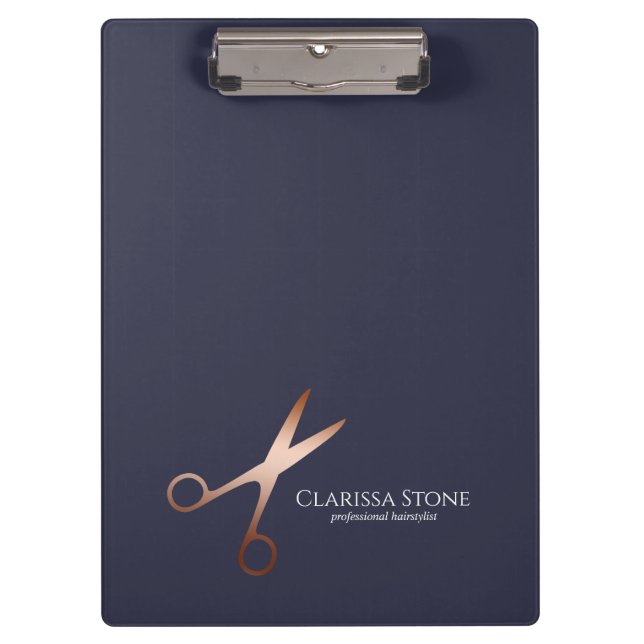 Elegant modern rose gold scissors hairstylist clipboard (Front)