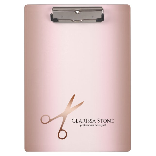 Elegant modern rose gold scissors hairstylist clipboard (Front)