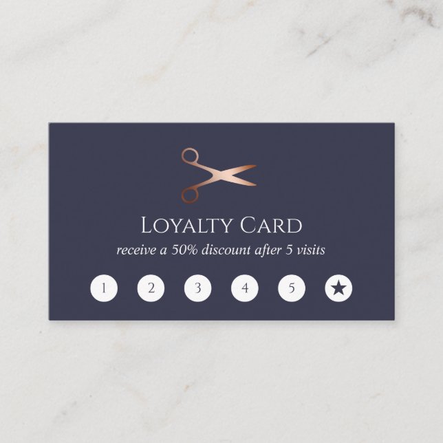 Elegant modern rose gold scissors hairstylist loyalty card (Front)