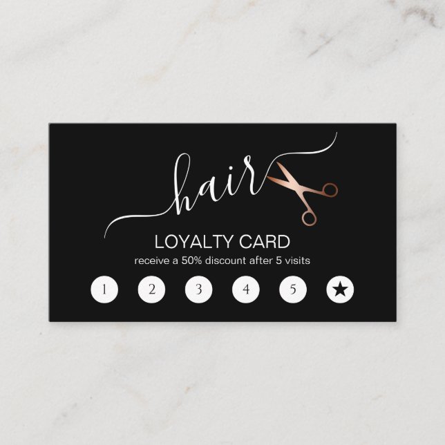 Elegant modern rose gold scissors hairstylist loyalty card (Front)