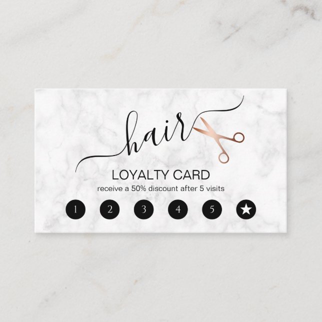 Elegant modern rose gold scissors hairstylist loyalty card (Front)