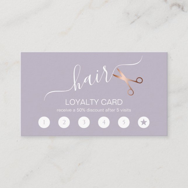 Elegant modern rose gold scissors hairstylist loyalty card (Front)