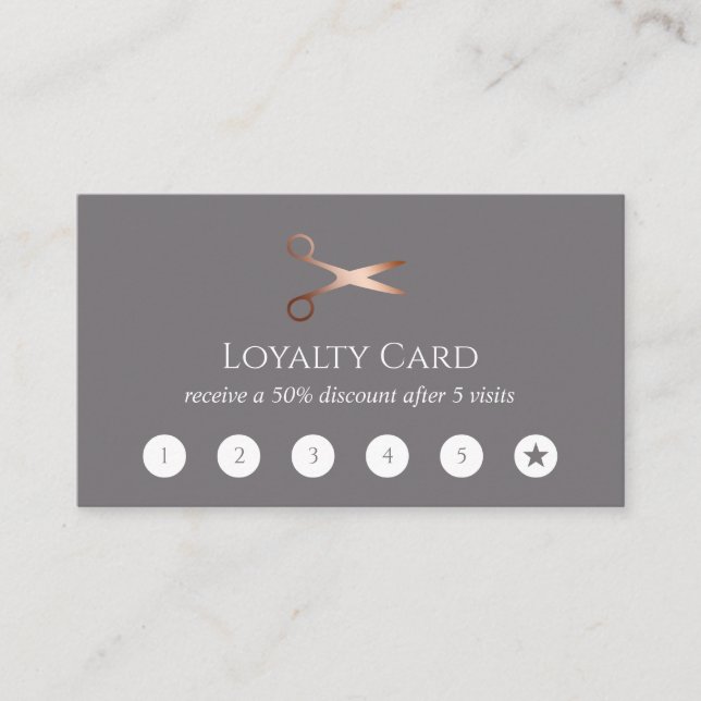 Elegant modern rose gold scissors hairstylist loyalty card (Front)