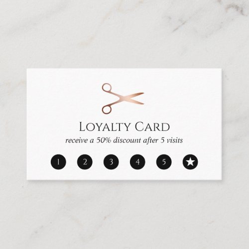 Elegant modern rose gold scissors hairstylist loyalty card