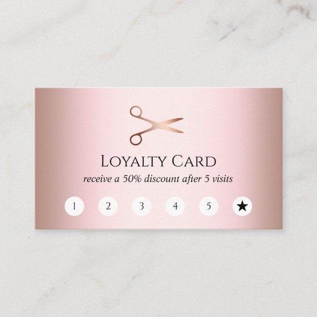 Elegant modern rose gold scissors hairstylist loyalty card (Front)