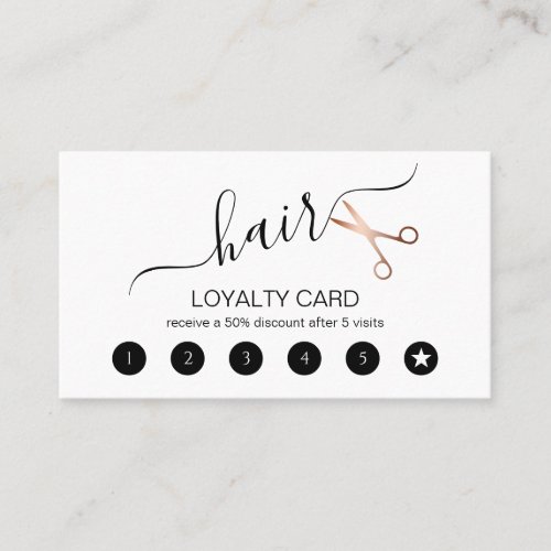 Elegant modern rose gold scissors hairstylist loyalty card