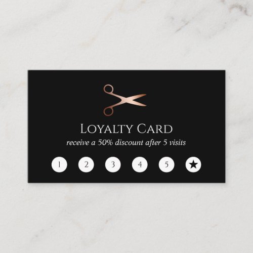 Elegant modern rose gold scissors hairstylist loyalty card