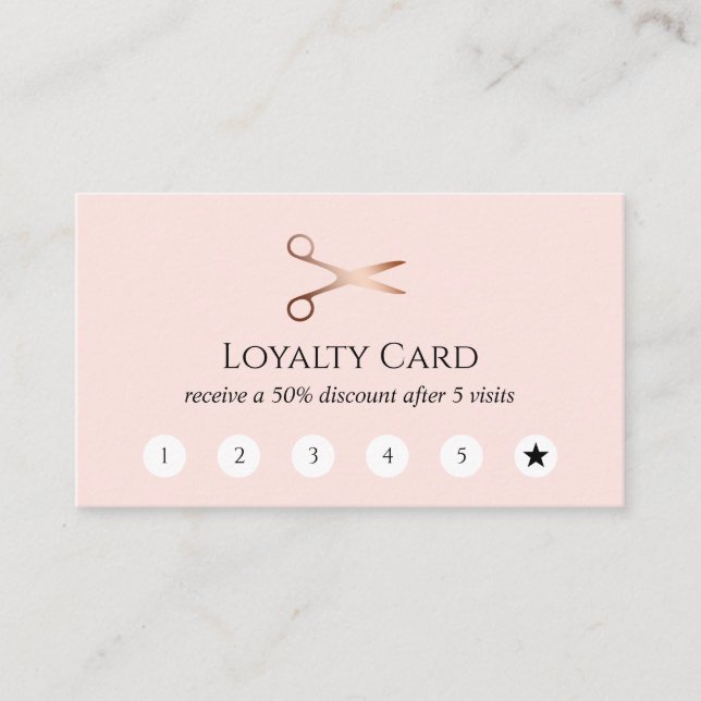 Elegant modern rose gold scissors hairstylist loyalty card (Front)