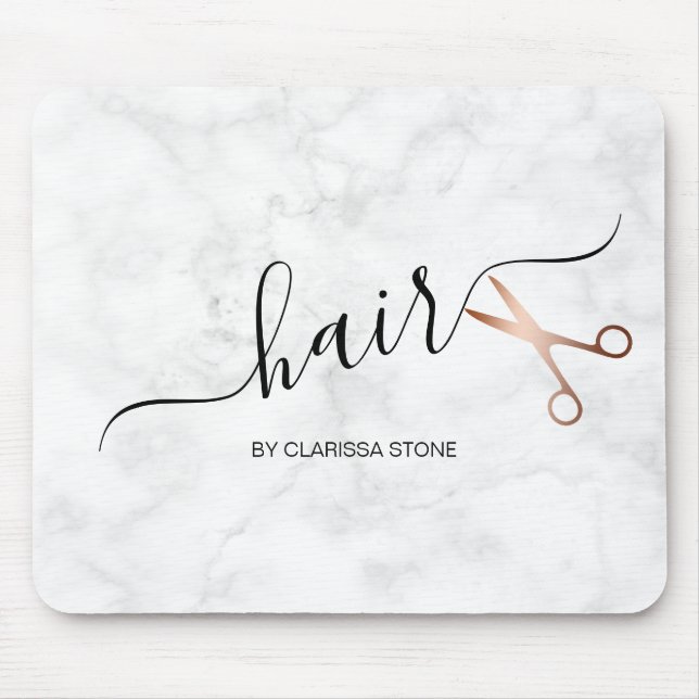 Elegant modern rose gold scissors hairstylist mouse pad (Front)
