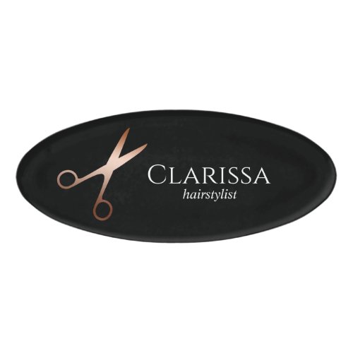 Elegant modern rose gold scissors hairstylist name tag
