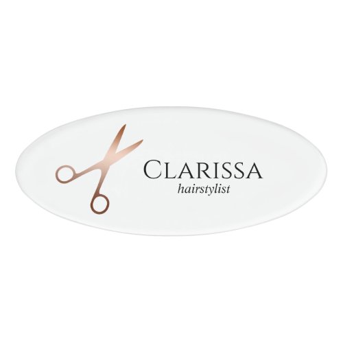 Elegant modern rose gold scissors hairstylist name tag