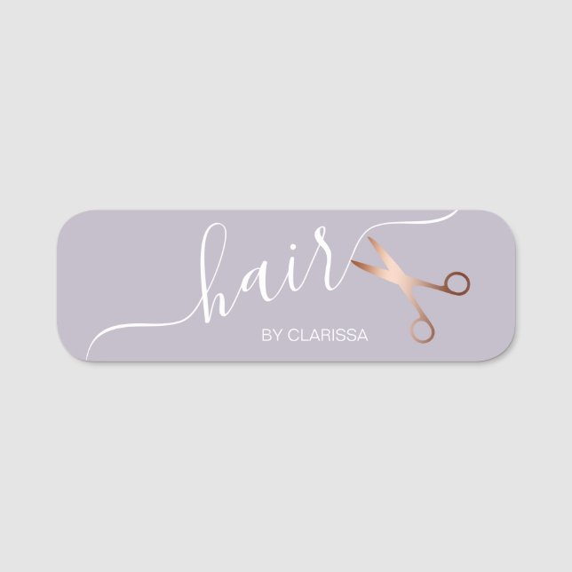 Elegant modern rose gold scissors hairstylist name tag (Front)