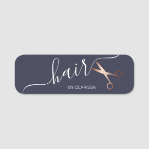 Elegant modern rose gold scissors hairstylist name tag