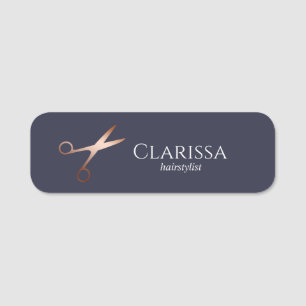 Elegant modern rose gold scissors hairstylist name tag