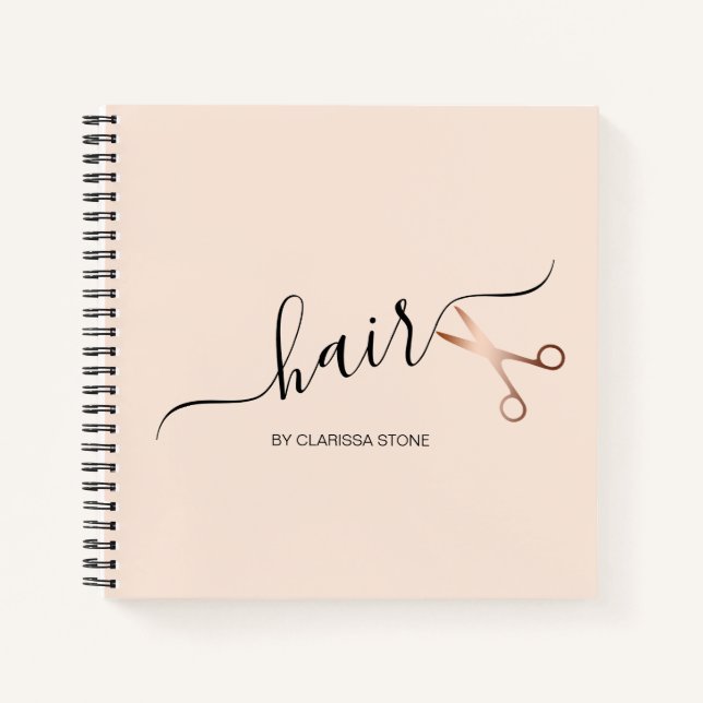 Elegant modern rose gold scissors hairstylist notebook (Front)