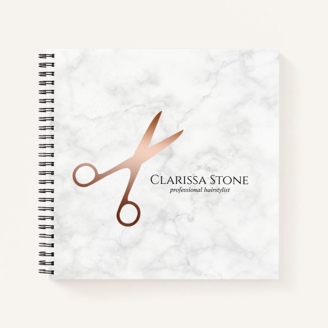 Elegant modern rose gold scissors hairstylist notebook (Front)