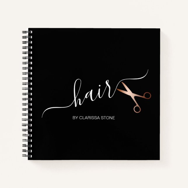 Elegant modern rose gold scissors hairstylist notebook (Front)